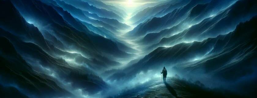 A digital illustration that vividly portrays a pilgrim's journey through mist-shrouded valleys, moving towards a distant celestial glow
