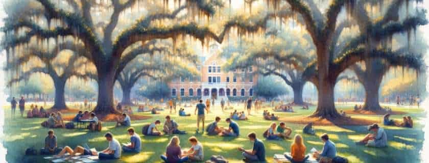 a watercolor painting that captures a lively college scene in Florida.