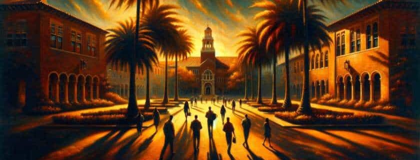 an oil painting that captures the essence of a Florida college campus, with solitary figures strolling across a quad