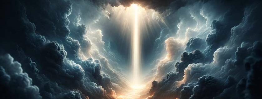a photography portrait that captures the essence of the Christian God depicted as a beam of light breaking through storm clouds