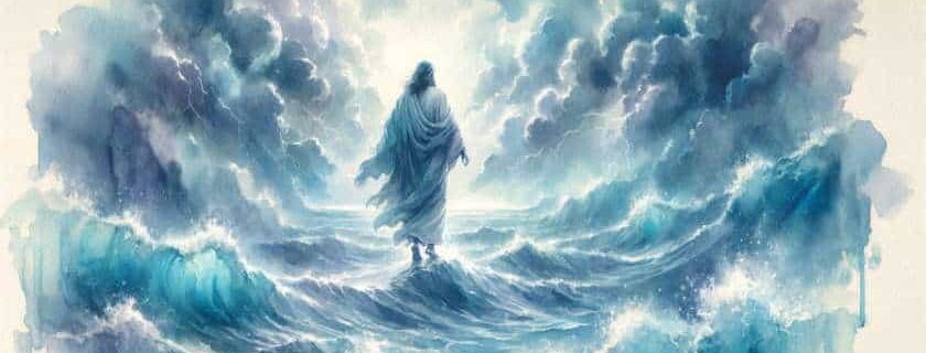 a watercolor illustration depicting God walking on water amidst stormy seas