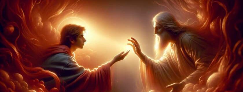 an illustration that embodies divine love, showing God reaching out tenderly towards humanity