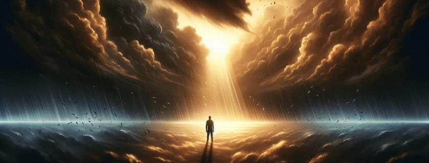 an illustration of a lone figure standing amidst a storm, with rays of light breaking through the dark clouds above