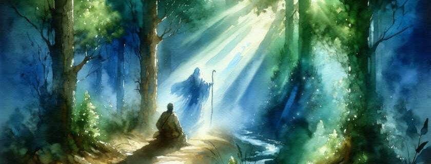 a watercolor painting depicting a weary traveler being guided by a celestial figure through a dense forest