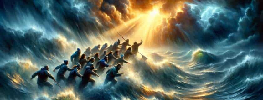an oil painting showcasing a group of people weathering a turbulent sea storm, illustrating solidarity and faith amidst chaos