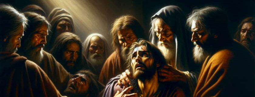 An oil painting portraying Judas Iscariot's betrayal, with dramatic lighting highlighting the intense expressions on the characters' faces.