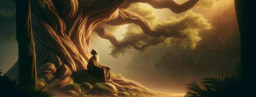 An illustration of a wise man seated under a towering ancient tree, portraying serene contemplation.
