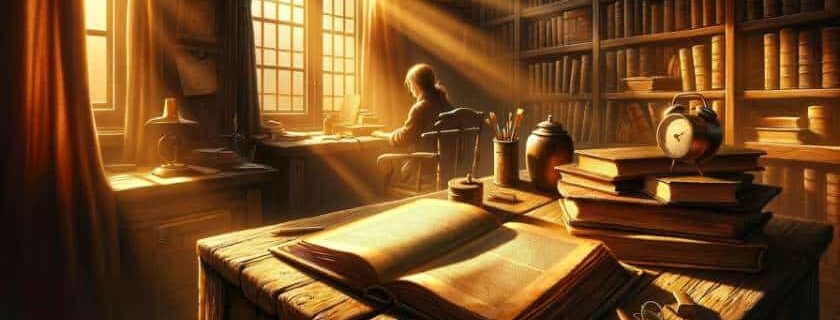 An illustration of a well-worn tome lying open on a weathered wooden desk in a cozy study, bathed in warm sunlight streaming through a nearby window.