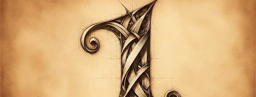 An illustration of the number 1, designed to resemble intricate calligraphy reminiscent of Da Vinci's style.