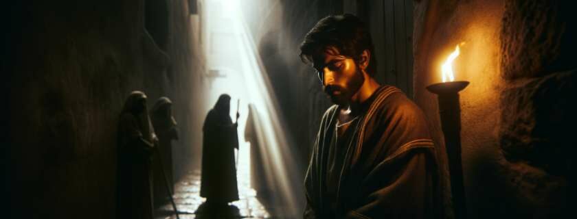Peter denies Jesus in a dimly lit alleyway