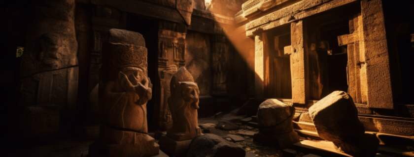 The ruins of an ancient temple, embraced by the soft glow of the setting sun, capturing a touch of god in the crumbling stones