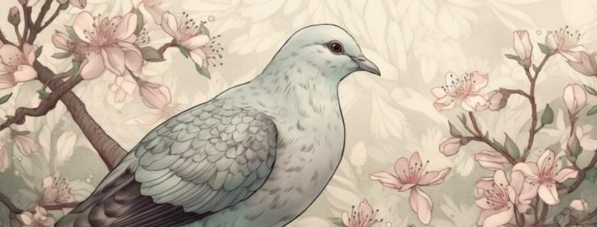a digital illustration capturing the ethereal beauty of a dove perched on a blossoming cherry tree branch