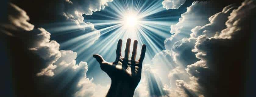 a hand reaching out to the sky, fingers stretching upward, with rays of sunlight piercing through the clouds