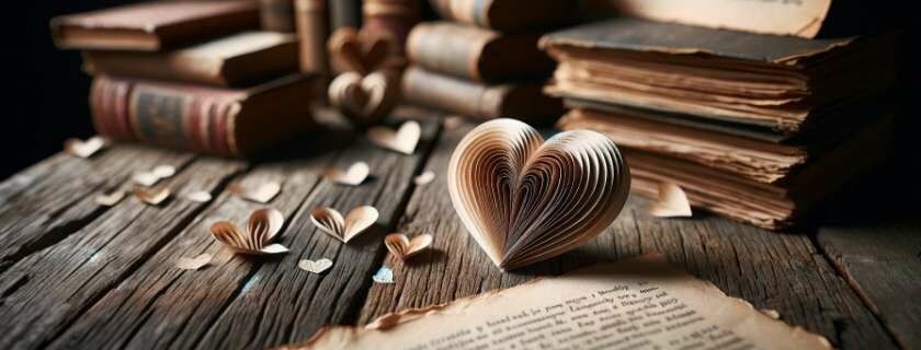 a heart shape paper cut, positioned on a rustic wooden table against a backdrop of vintage letters and aged books