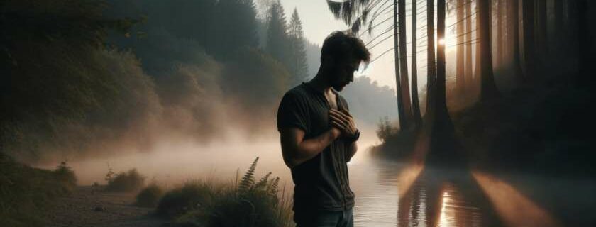 a man standing by a riverbank at dusk, his hands gently pressed against his chest
