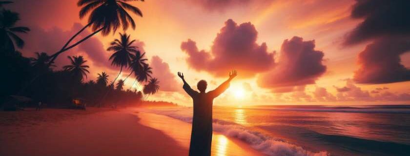 a peprson raising his hands on a beach at sunset, waves gently lapping at the shore, silhouetted palm trees swaying