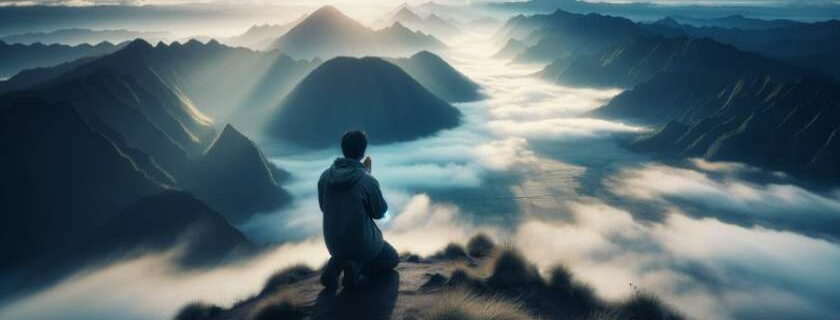 a person praying on a mountaintop at sunrise, overlooking a vast valley shrouded in mist, with distant peaks piercing through the clouds