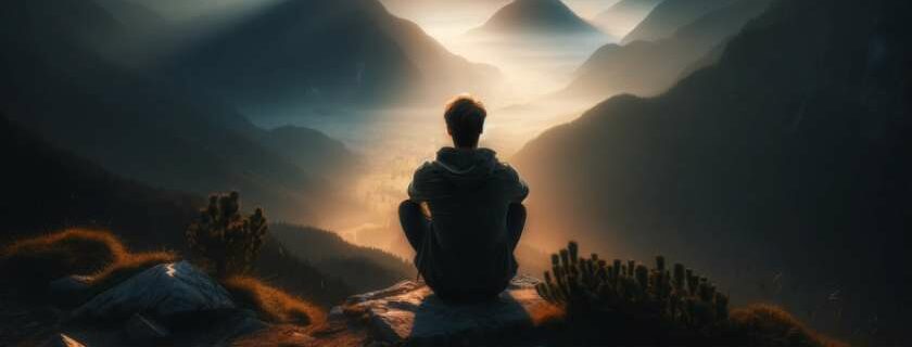 a person sitting on a mountaintop overlooking a vast valley, bathed in the soft glow of the setting sun