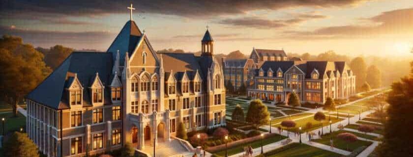 a prestigious Christian college campus at sunset