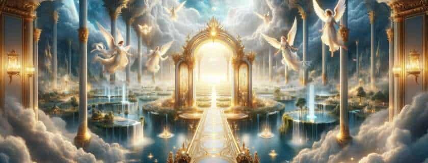 a serene celestial realm with golden gates leading to ethereal gardens, shimmering fountains, and angelic beings gliding on clouds