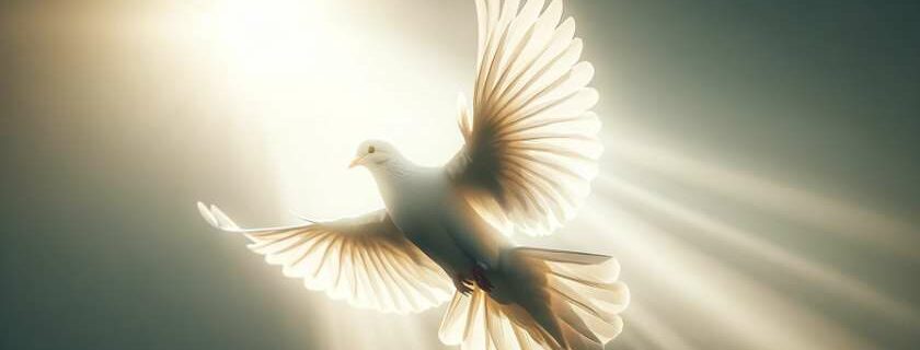 a white dove soaring gracefully against a clear sky, its wings outstretched as sunlight streams through the feathers