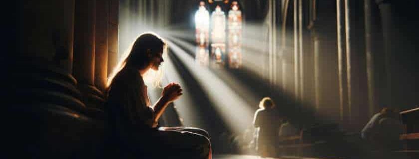 a woman in a dimly lit cathedral, kneeling in prayer