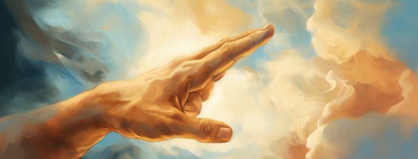 an illustration of the touch of god with divine fingers reaching towards a mortal figure below