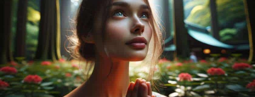 close-up shot of a woman, her face illuminated by a soft, ethereal light as she gazes upwards with a serene expression, her hands clasped in prayer