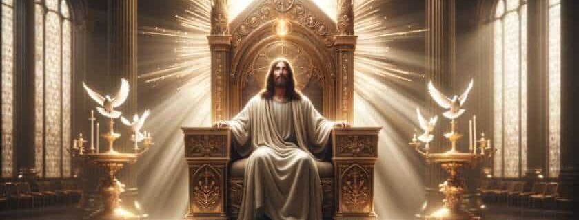 jesus sitting on a golden throne with doves around and god is king
