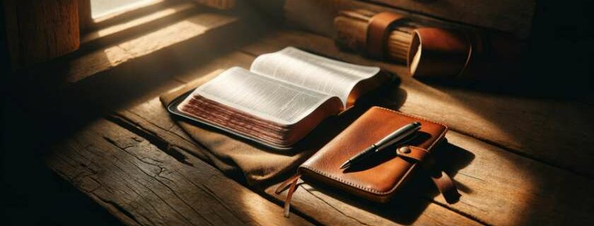 open bible on a rustic wooden table, with a leather notebook and a pen resting beside it, soft sunlight filtering through a nearby window