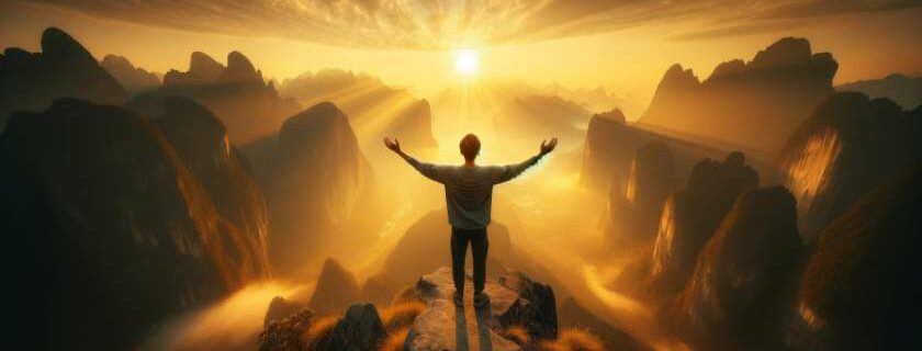 person standing atop a mountain peak, arms outstretched towards the heavens, bathed in the golden glow of sunrise