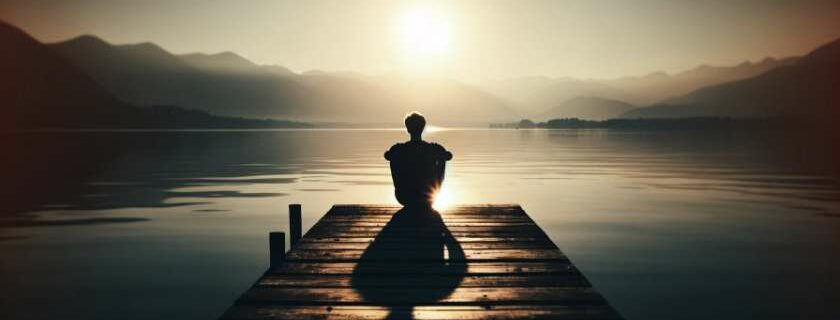 silhouette of a lone figure sitting on a dock during sunset
