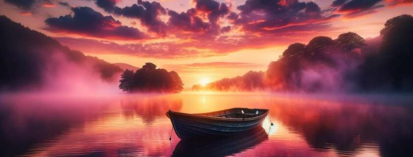 tranquil lakeside scene at dawn, mist rising from the water, a lone rowboat gently gliding, vibrant hues of pink and orange in the sky