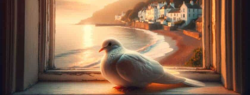 white dove resting on the window sill of an old seaside cottage, overlooking a peaceful coastal town bathed in the warm hues of a setting sun