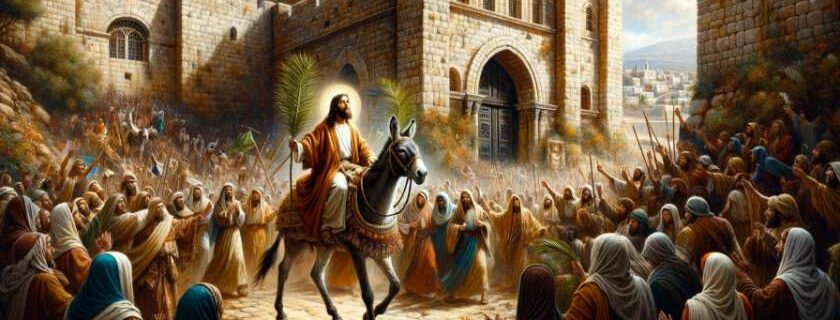 jesus riding a donkey holding a palm branch with people around him and jesus triumphal entry