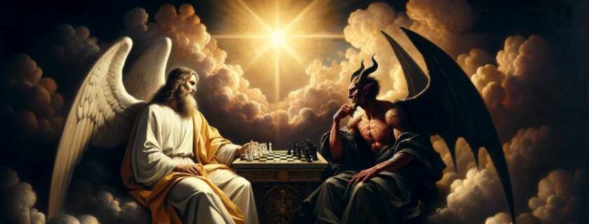 satan and god sitting together over chess and does god love satan