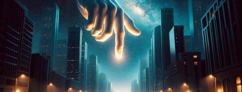 hand emerging from the night sky in a city and finger of god