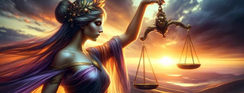 woman holding a scale of justice at sunset and god is justice