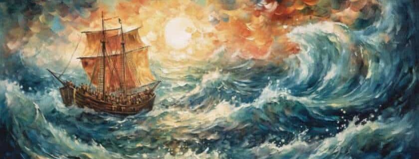 A watercolor painting showcasing a celestial being guiding ships through turbulent waters.