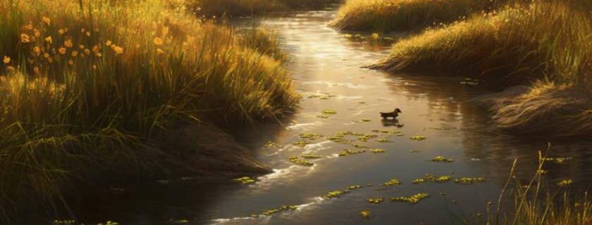 Amidst the rolling hills of the countryside, a tranquil brook winds its way through golden fields, teeming with life.