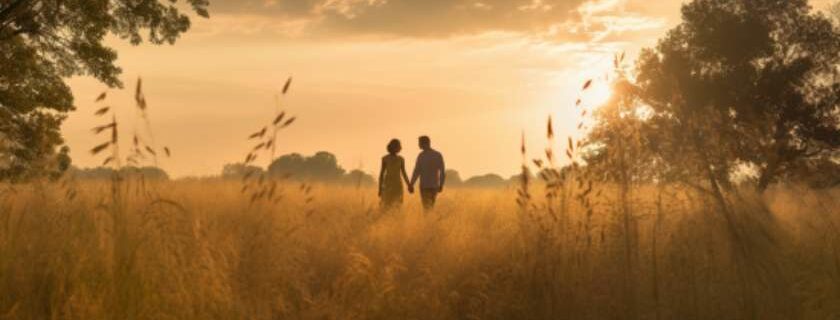 Amidst the serene beauty of a sun-kissed meadow, a husband stands beside his wife, gazing into the distance