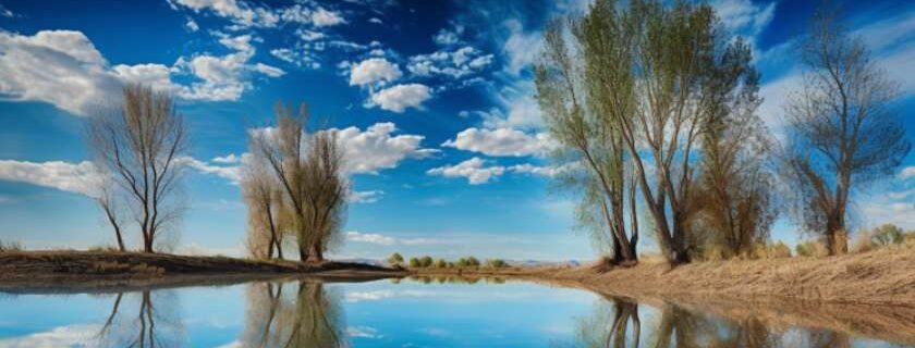 At the edge of the tranquil lake, the water mirrors the azure sky above, creating a perfect reflection of the heavens.