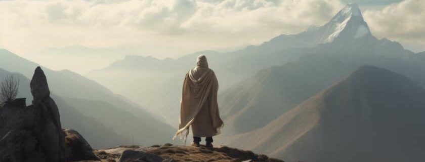 At the summit of a windswept mountain, surrounded by towering peaks and boundless skies, a solitary pilgrim stands, worshipping and praying to God.