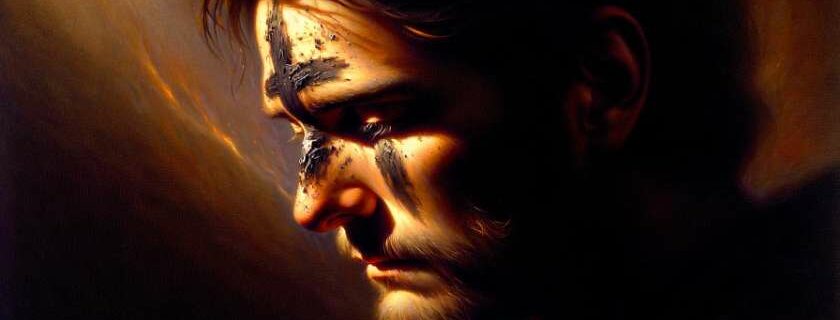 An oil painting reminiscent of Ash Wednesday, depicting a solitary figure with ashes marked on their forehead.