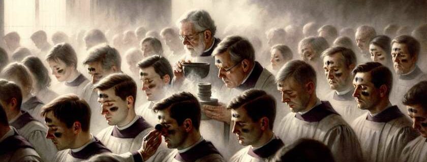A watercolor painting that captures the essence of Ash Wednesday, portraying a congregation receiving ashes on their foreheads
