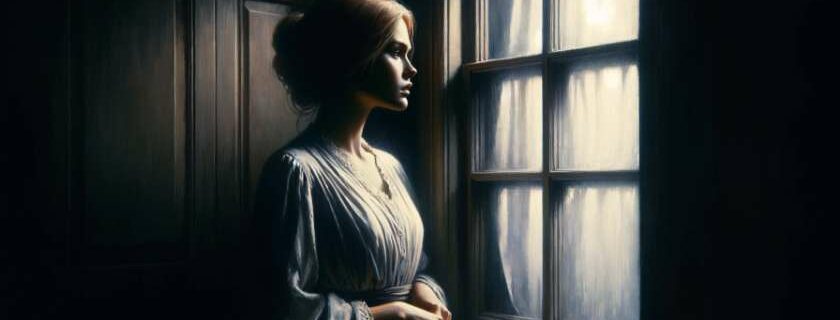 A somber oil painting portraying a woman standing by a window, looking out with a distant expression that symbolizes the feelings of loss and emptiness of miscarriage