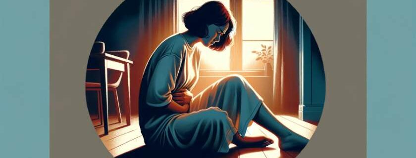 An illustration of a woman sitting alone in a dimly lit room, clutching her abdomen with a pained expression on her face.