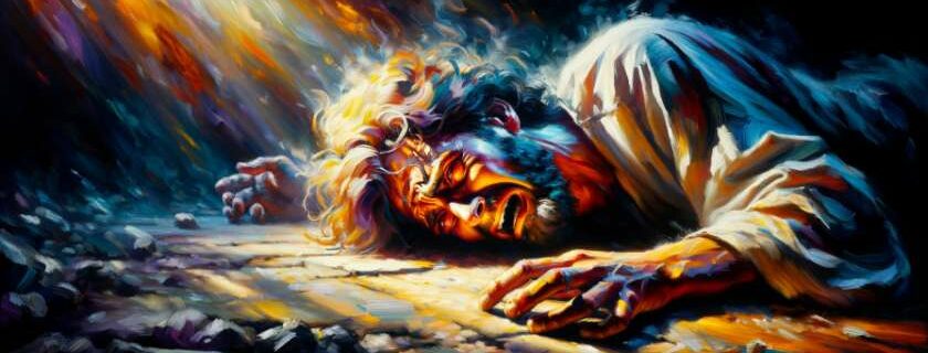 An oil painting depicting a broken-hearted man lying on the ground crying