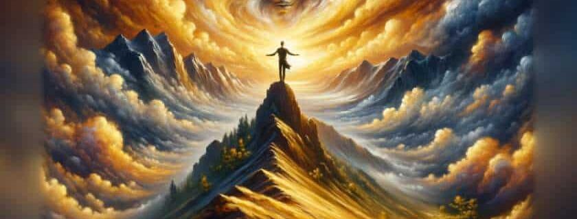An oil painting captures a lone figure standing atop a mountain peak, arms outstretched towards the sky.