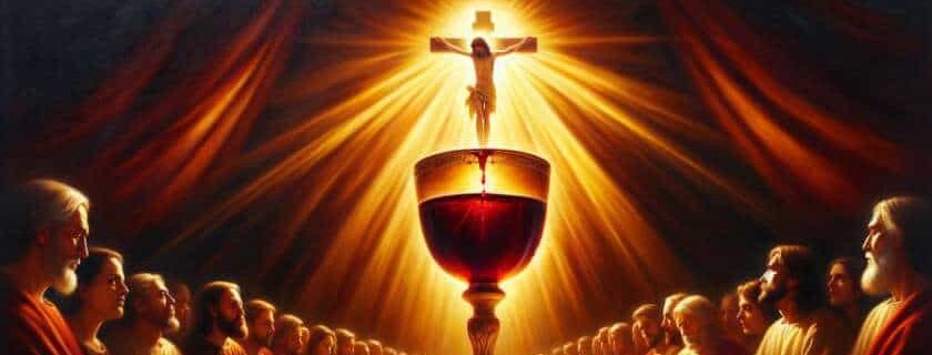 An oil painting depicting a chalice filled with deep red wine, symbolizing the blood of Christ, under rays of golden light streaming from above.